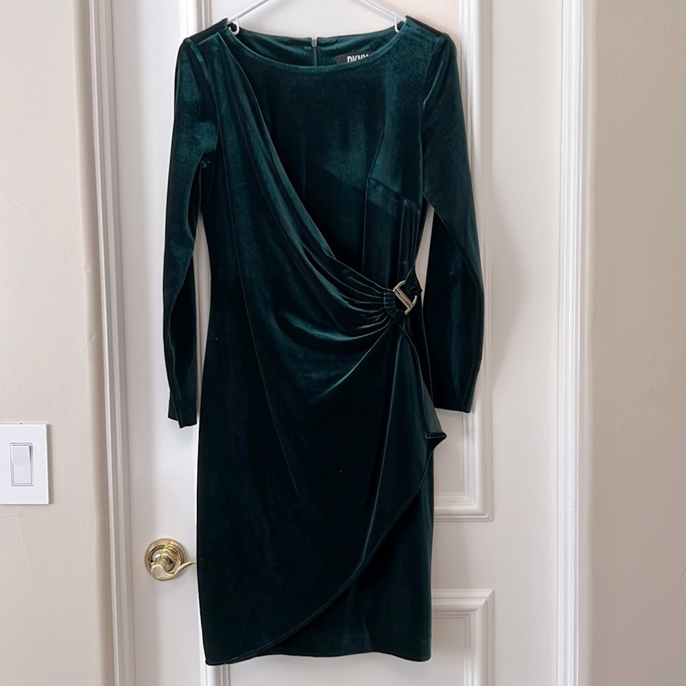 DKNY emerald green velvet cocktail dress with gold detail, size 6